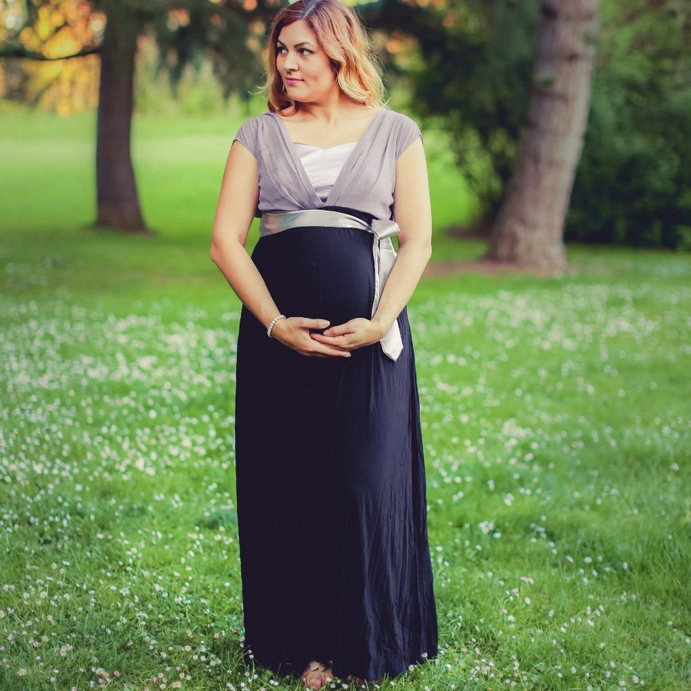 Maternity Dress *NWT*  Maxi Dress Purple & Black with Silver Sash.